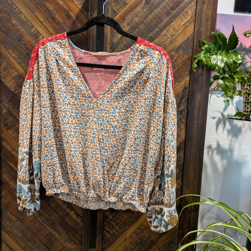 Floral V-Neck Blouse - Red and Blue